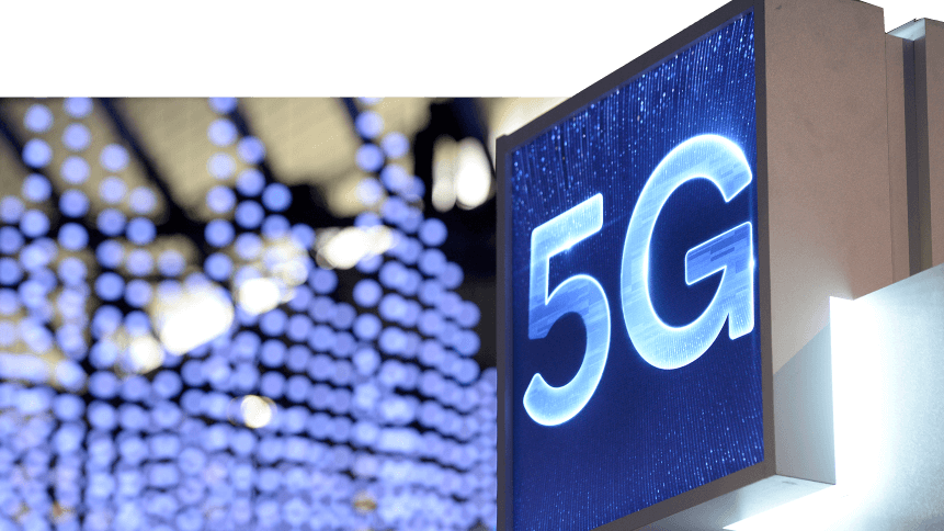 A 5G hotspot sign is displayed at the Mobile World Congress (MWC) in Barcelona