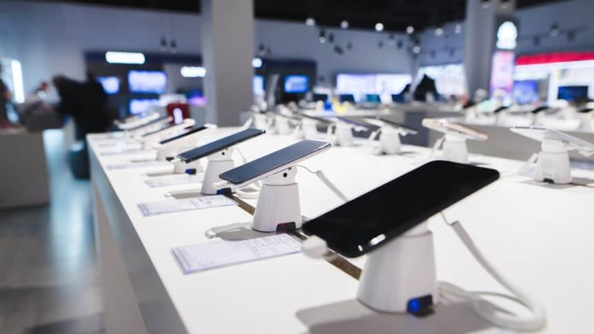 Smartphones on the background of the electronics store