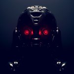Cyborg with red luminous eyes on black background. Front view of science fiction cyborg with a shiny dark metal. Robot with artificial intelligence. Robot man with artificial metal face. 3D rendering