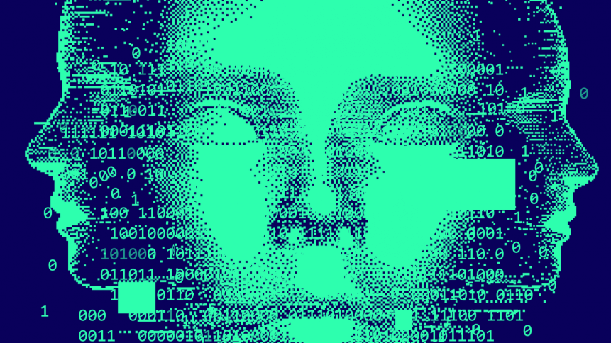 Abstract technology background with binary code and 3d face mask. Conceptual illustration of Artificial intelligence.