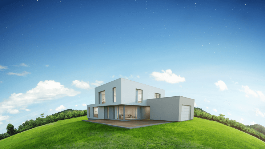 Modern house on earth and green grass with blue sky background in real estate sale or property investment concept, Buying new home for big family - 3d illustration of residential building exterior