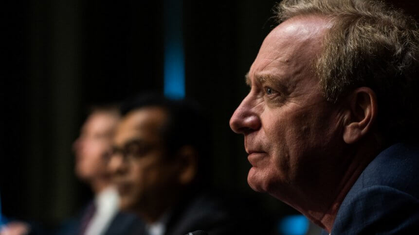Microsoft President Brad Smith listens during a Senate Intelligence Committee hearing on the 2020 Solarwinds hack that resulted in a series of major data breaches within major corporations